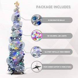 5FT Pop-Up Christmas Tree with 10-inch X 1.6 Feet Metallic Mesh Ribbon, Multi-Color 50 LED String Lights，10 Decorative Balls for DIY, Ideal for Indoor/Outdoor Christmas Decoration