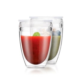 Bodum 10oz Pavina Reusable Double Wall Tumblers with Lid, BPA-Free Plastic, Hot and Cold Drinks, Set of 2, Clear