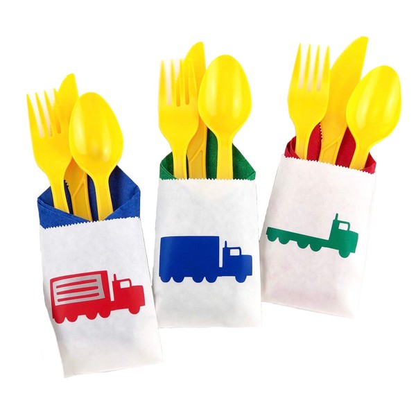 Semi Truck Party Cutlery Set - 24 ct Big Rig Transportation Birthday Supplies, Plastic Utensils, Paper Napkins, Favor Bags
