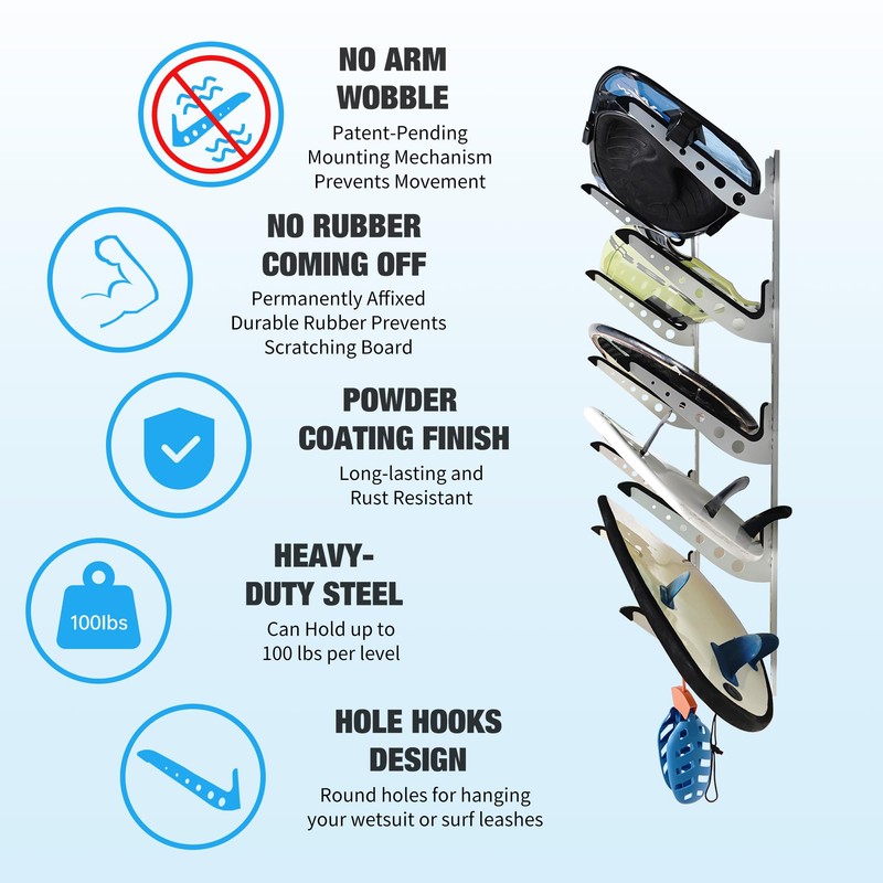 HIKULA 5 Board Surf Rack Wall Mount for Surfboard, Wakeboard,