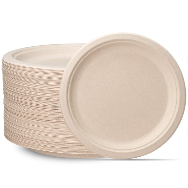 Comfy Package, 100% Compostable 10 Inch Heavy-Duty Plates [125 Pack] Eco-Friendly Disposable Sugarcane Paper Plates - Brown Unbleached