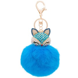 HOYUNLA Rabbit Fur Ball Pom Pom Keychain with Fox Head Studded with Synthetic Pearl Rhinestone for Womens Bag Car Key Chain Charm Pendant Decoration (Bright blue)