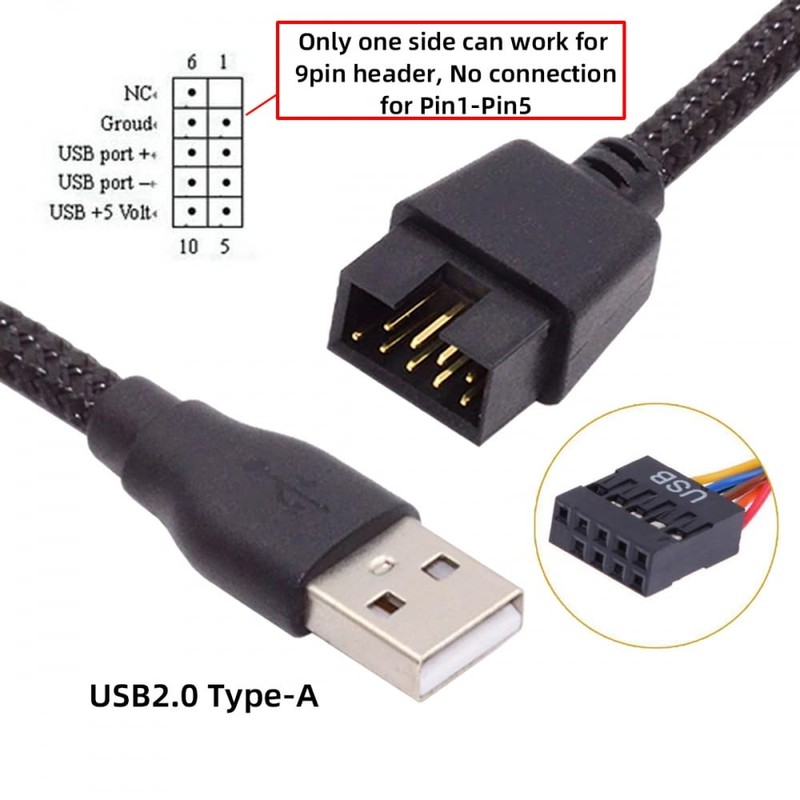 CY Cable Single USB 2.0 Male Type-A to Motherboard 9Pin