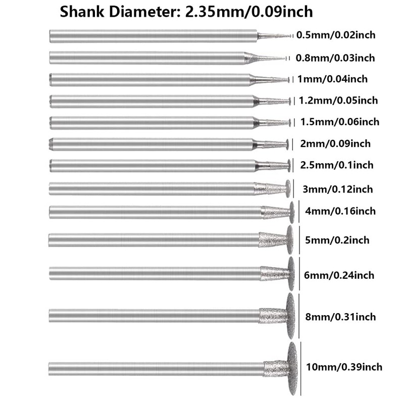 13pcs 2.35mm Shank T Shape Head Diamond Grinding Drill Bits
