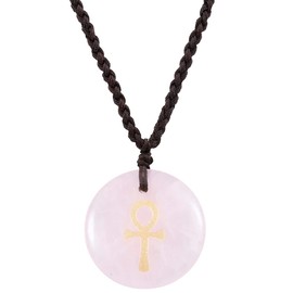Nupuyai Rose Quartz Egyptian Ankh Cross Engraved Round Stone Adjustable Amulet Pendant Necklace for Women