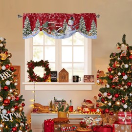 Christmas Snowman Tie Up Valances for Kitchen Windows, Let it Snow Red Truck Christmas Tree Snowflake Rod Pocket Valance Window Treatments Curtains for Living Room Bedroom Farmhouse 54" W x 18" L