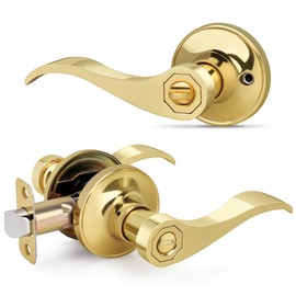 LOQRON Wave Style Door Lever Privacy Door Handle, Gold Keyless Interior Lever Reversible for Left/Right Handed for Bedroom, Bathroom, Living Room with Polished Brass Finish, 1 Pack