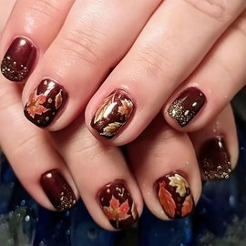Thanksgiving Fall Press on Nails Short Square Fake Nails Maple Leaf Gold Glitter Polka Dots Acrylic Nails Press ons Cute Autumn Leaves Design False Nails Glue on Nails for Women Acrylic Nails Decor
