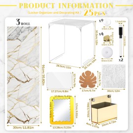 MotiMind 25 Pack Locker Accessories, First Day of School Essentials with Locker Shelf, Wallpaper, Mirror, LED Wireless Light, Pen Holder, Acrylic Magnetic Dry Erase Board, Rug(Marble,Gold)