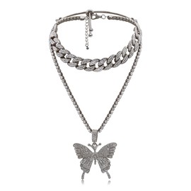 AILUOR Butterfly Cuban Linking Necklace Set, Women Hip Hop Choker Pendant Necklace Chain with Bling Rhinestones Iced Fashion Accessory for Hip Hop Lovers Women Girls (Black)