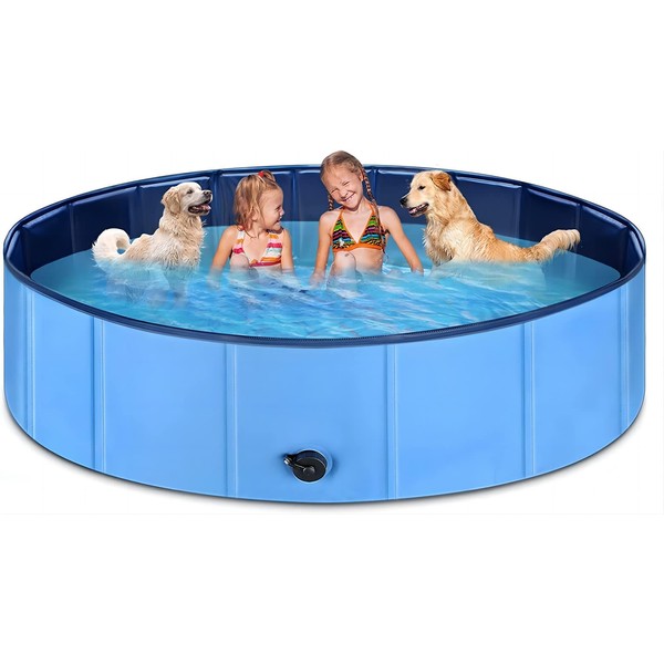 Dog Pool for Large Dogs 80"x12" JECOO Kiddie Pool Hard Plastic Foldable Dog Bathing Tub Portable Outside Kids Swimming Pool for Pets and Dogs