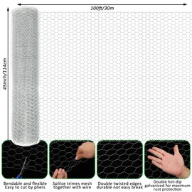 45 in X 100 ft Chicken Wire Fencing Metal Floral Chicken Wire Fence for Crafts 1 Inch Hexagonal Galvanized Poultry Wire Netting for Chicken Coop Barrier Rabbit Cage