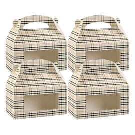 Bio Tek 9.5 x 5 x 5 Inch Gable Boxes For Party Favors, 25 Attractive Gift Boxes - Plaid Pattern, Clear PET Window, Paper Barn Boxes, With Built-In Handle, Disposable
