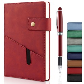 Mousbull A5 Leather Journal Notebook with Pen, 200 Pages Hardcover Journal with Pocket, 100gsm Thick Lined Paper Daily Diary for Men and Women, Great Gift for Business School Travel Personal - Red