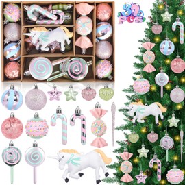 JEDWKFA Pack of 32 Christmas Baubles, Christmas Tree Decorations, Plastic Christmas Baubles + Unicorn + Magic Crutch + Lollipop, Christmas Tree Decoration, Christmas Decorations with Hanging Bow,