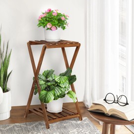 Jotboom Plant Stand Indoor,Wooden 2 Tier Plant Stands,Corner Square Plant Shelf,Rustic Flower Stand Tall Plant Holder for Living Room Bedroom Balcony Office