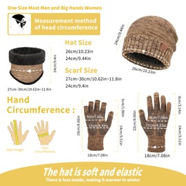 Maylisacc Men's Winter Beanie Hat Loop Scarf and Touchscreen Gloves with Thick Soft Fleece Lining, Pack of 3, Brown 4pcs