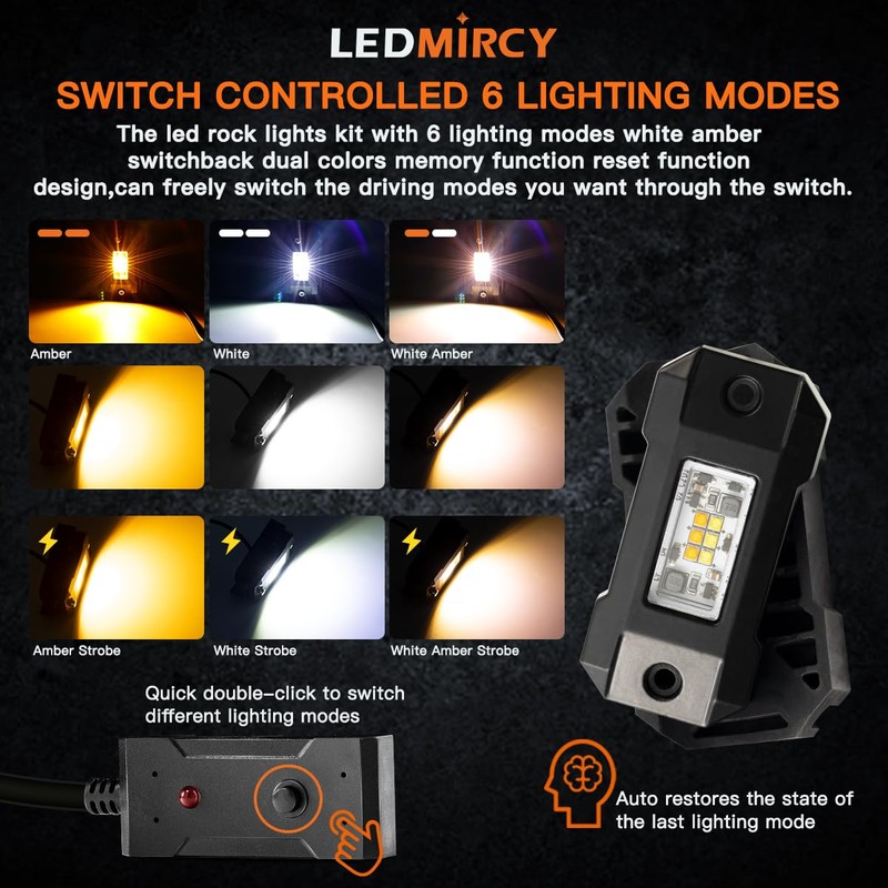 Switchback LEDMIRCY Rock Lights Kit White & Amber Strobe Rock