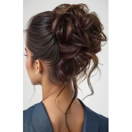 Curly Wavy Messy Bun Hair piece Easy Updo Extensions Claw Clips for Women Girls Dark Brown, Natural Fake Wig Tie Headpiece Chestnut Chocolate