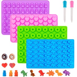 HKUCFTT Gummy Candy Molds, Gummy Bear Mold Silicone with 2 Droppers, Non-stick Silicone Molds Including Hearts, Bear, Mini Dinosaur and Mini Dount, Set of 4