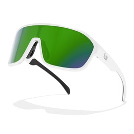 B.N.U.S Sports Shield cycling Sunglasses for men and women UV Protection shades (Polished White/Green Mirrored Polarized, Plastic Lenses)