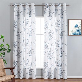 MYSKY HOME Blue and White Floral Curtains 84 Inch Long Leaf Pattern Grommet Drapes for Living Room Bedroom Dining Room, 52" Wide, 2 Panels, Navy Blue