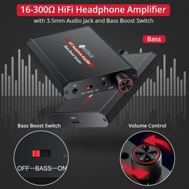 Neoteck Portable Headphones Amplifier, 16-300Ω Headphone Amplifier with High-Fidelity Audio, Bass Boost Function, 3.5mm AUX Input/Output for MP3 MP4 Phones Digital Players and Computers-Black