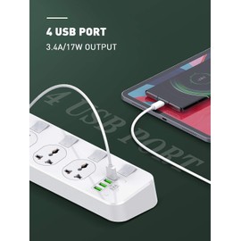 Extension Lead | Extension Lead with Usb Slots | 4 Universal Sockets | Surge Protector | 4 Quick USB (5V 3.4A 17W) | Independent Switch | 6.5ft Power Cord | Child Safe Door