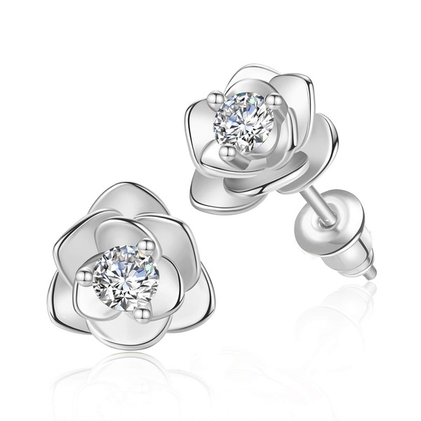 Flower Stud Earrings for Women, Hypoallergenic 14K White Gold Cubic