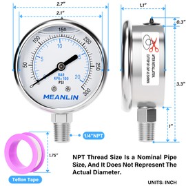 MEANLIN MEASURE 0~300Psi Liquid Filled Pressure Gauge Stainless Steel with 316 Stainless Steel Joint 1/4" NPT 2.5" FACE DIAL for Air Compressor Air Regulator Water Filter Center Lower Mount
