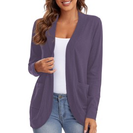 Urban CoCo Womens' Long Sleeve Knit Sweater Cardigans Curved Hem Open Front with Pockets (Purple, XL)