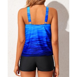 Yonique Tankini Swimsuits with Shorts - Tummy Control Two Piece Blouson Bathing Suits High Neck Swimwear Blue Gradient Large
