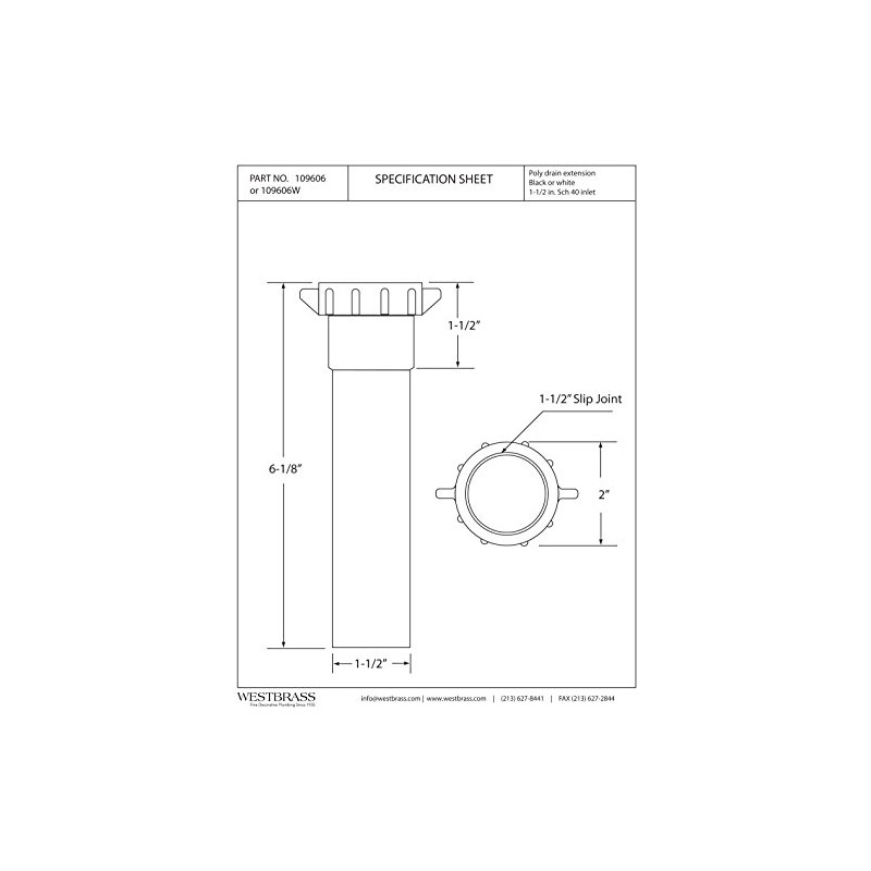 Westbrass 109606 1-1/2" x 6" Poly Slip-Joint Bath Drain Waste