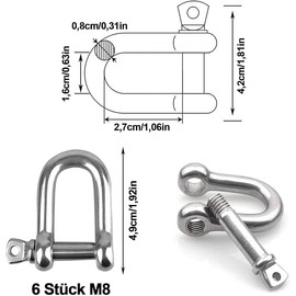 Shackle D Shape, Shackle, Pack of 6 M8 D Shackles, 304 Stainless Steel D-Ring Shackle, Stainless Steel D Ring Shackle, Straight Lock Shackle, D Shackle, Stainless Steel for Rigging Cords Fixings