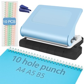 10-Hole Binding Machine for Planner (Blue) - Manual Punch with 10 Multi-Color Binding Spines - Punches 26 Holes on B5, 30 Holes on A4, 20 Holes on A5 Paper
