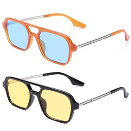 NULOOQ Retro 70s Flat Aviator Sunglasses for Women Men, Vintage Square Small Frame Shades Driving UV400 Protection (Orange/Blue + Black/Yellow) - 2 Pack