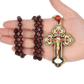 18K Yellow Gold Orthodox Prayer Rope Necklace, Crucifix Jesus Cross Pendant Necklace, Wooden Rosary Beaded Chain Necklace for Men Women Christian Religious Prayer Jewelry Bracelet anglican prayer