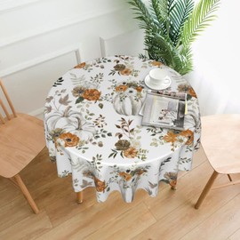 Fall Tablecloth Round 70 Inch Watercolor Grey Pumpkins Floal Leaves Table Cloth,Stain Resistance Polyester Autumn Thanksgiving Table Covers for Kitchen Dining,Small Tablecloth for Party Picnic