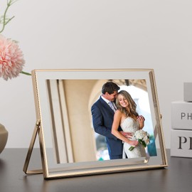 Gold Floating Picture Frame 7x5'' Set of 2(Horizontal) for Picture 5x3.5'',6x4'' Floating photo.Tabletop Frames 5x7'' double glass,Classy Wedding frames 5x7'' and Premium Present Frame for Holidays