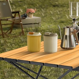 Biqissi Portable Camping Table, Compact Camping Side Table with Carrying Bag, Ultralight Aluminum Beach Table Folding for Hiking, Camping, Picnicking, BBQ, Outdoor Cooking (Wood Medium 22")