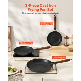 VEVOR Cast Iron Skillet, 3-Piece Frying Pan Set (8, 10, 12 in), Nonstick Skillets with Detachable Wood Handle, Pre-Seasoned Chef's Pan, Kitchen Cookware for Gas, Electrical, and Induction, Black