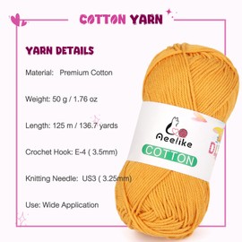 Aeelike Cotton Yarn for Crocheting, 4 PCS Cotton Yarn (Each Skein 50 g /1.76 oz, 125 m 136.7 Yards), Skin-Friendly Beginner Yarn for Making Baby Clothes DIY Crafts, Ginger Yellow