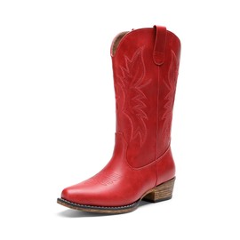 DREAM PAIRS Cowboy Boots for Women Cowgirl Western Mid Calf Boots Square Toe Embroidered Stitched Low Chunky Heel Pull On Fashion Boots,Size 8,Red,DWUMMB2507