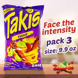 Takis Fuego Hot Chili Pepper & Lime Flavored Corn Snacks 9.9 oz (Pack of 3)