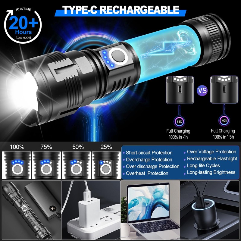 MOREVAC Rechargeable Tactical Flashlights High Lumens,Super Bright LED Flashlight,Powerful Flash