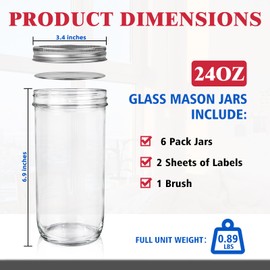 LOSANJI 24OZ Wide Mouth Mason Jars (6 Pack), Glass Canning Jars with Airtight Lids, Brush, Labels - for Pickling, Fermenting, Food Storage, Overnight Oats & Preserves, Microwave & Dishwasher Safe