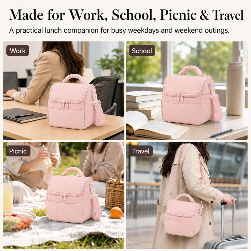 Lunch Bag for Women Insulated Pink Lunch Box Quilted Puffer