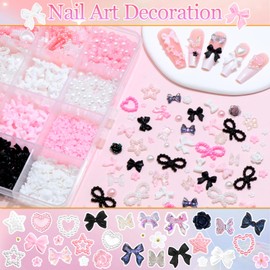 RODAKY Mixed Nail Charms Pink Bow Nail Art Charms White Flatback Pearl for Nails Resin Heart Butterfly Nail Decoration Mini Nail Flowers Cute Y2K Nail Gems Supplies Accessories for Manicure Design