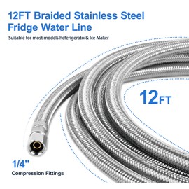 Refrigerator Water Line Kit 12FT, 1Plusselect Premium Stainless Steel Braided Ice Maker Water Line with 1/4 Inch Compression Fittings, Food Grade PEX Inner Hose Tube for Fridge Ice Maker