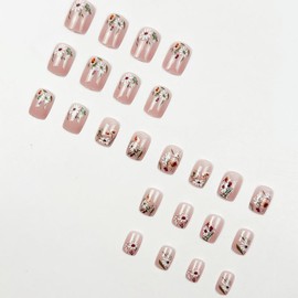 Flower Press on Nails Short Square Fake Nails Spring Summer Glue on Nails Pink Gradient Acrylic Full Cover Flower Nails Press on False Nails Spring Nails Press ons Stick on Nails for Women 24PCS